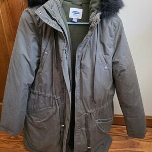 Old Navy Dark Olive Military Parka with Black Faux Fur Hood